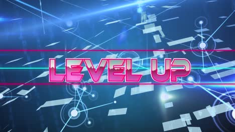 Digital-animation-of-level-up-text-over-neon-banner-against-glowing-network-of-connections