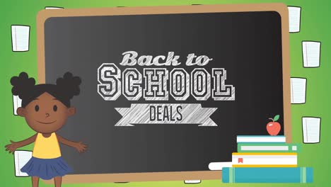 Animation-of-back-to-school-text-over-school-items-icons-and-blackboard