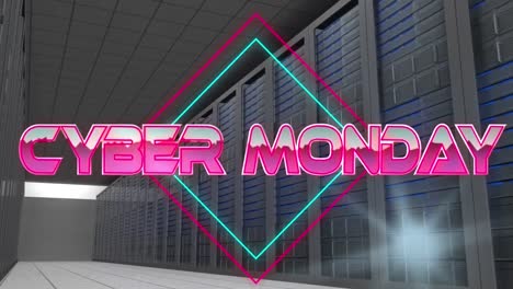 Digital-animation-of-cyber-monday-text-over-neon-squares-against-computer-server-room