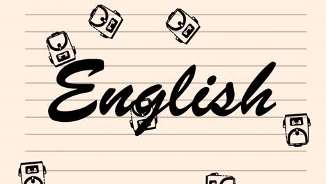 Animation-of-english-text-and-school-items-icons-moving-on-white-background