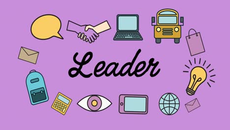 Animation-of-leader-text-and-school-items-icons-on-purple-background