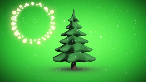 Dekorative-Leuchtende-Lichter-Vor-Schneeflocken,-Die-über-Das-Weihnachtsbaumsymbol-Auf-Grünem-Hintergrund-Fallen