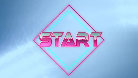 Digital-animation-of-start-text-over-neon-squares-against-spots-of-light-on-blue-background