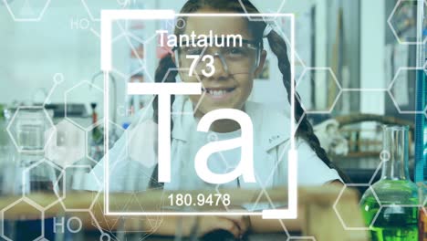 Animation-of-chemical-structures-moving-over-schoolgirl-in-lab