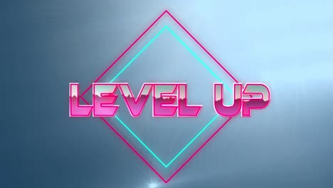 Digital-animation-of-level-up-text-over-neon-squares-against-spots-of-light-on-blue-background