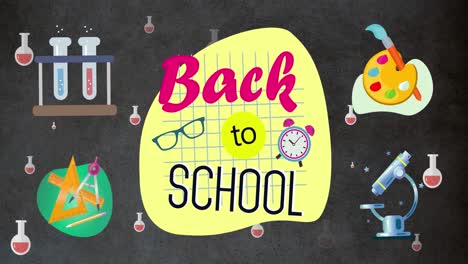 Animation-of-back-to-school-text-over-school-items-icons-on-black-background