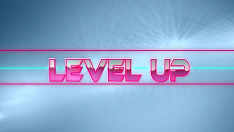 Digital-animation-of-level-up-text-over-neon-banner-against-spots-of-light-on-blue-background