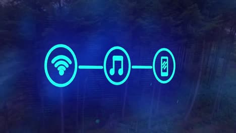 Animation-of-three-digital-icons-over-forest-background