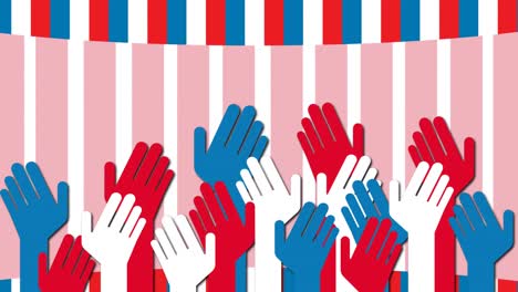 Animation-of-red-and-blue-hands-over-american-flag