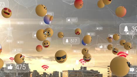 Animation-Von-Emojis-Und-Digitalen-Social-Media-Symbolen,-Die-über-Der-Stadtlandschaft-Schweben
