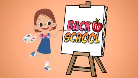 Animation-Eines-Digitalen-Schulmädchens,-Das-Back-to-School-Text-Auf-Staffelei-Auf-Orangefarbenem-Hintergrund-Malt