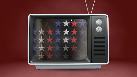 Animation-of-stars-coloured-with-american-flag-in-tv-on-red-background