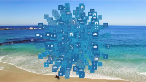 Animation-Eines-Globus-Aus-Digitalen-Symbolen,-Der-über-Dem-Meer-Schwimmt