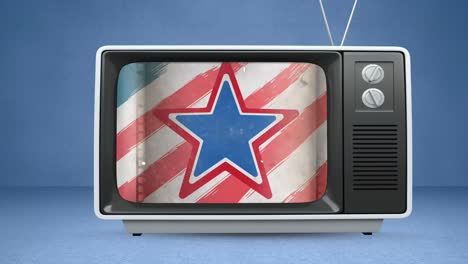 Animation-Von-Sternen-Mit-Amerikanischer-Flagge-Im-Fernsehen-Auf-Blauem-Hintergrund