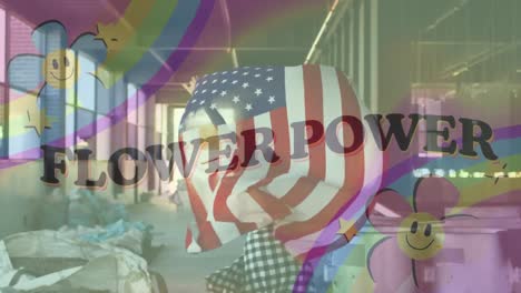 Animación-De-Texto-Flower-Power-Con-Arcoíris-Y-Flores-Sobre-Una-Mujer-Corriendo-Con-Bandera-Americana