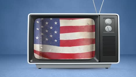 Animation-of-american-flag-in-tv-on-blue-background