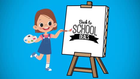 Animation-of-digital-schoolgirl-painting-back-to-school-text-on-easel-on-blue-background