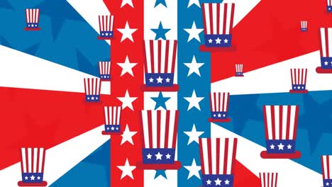 Animation-Von-Hüten-Mit-Amerikanischer-Flagge-Auf-Weißem-Hintergrund