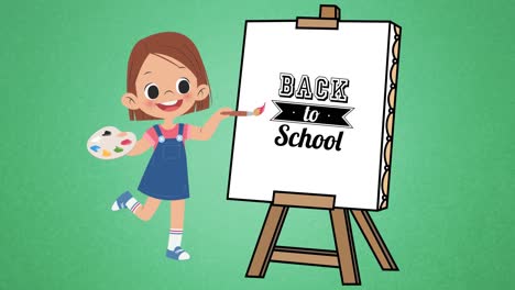 Animation-of-digital-schoolgirl-painting-back-to-school-text-on-easel-on-green-background