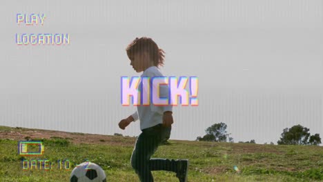 Animation-of-kick-text-on-video-camera-screen-with-digital-interface-filming-boy-with-ball