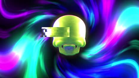 Animation-of-glowing-green-human-skull-spinning-over-glowing-light-trails-background