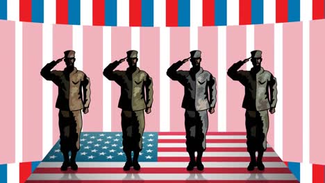 Animation-of-soldiers-saluting-over-american-flag-on-white-background