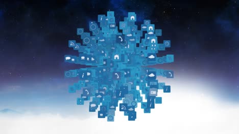 Animation-Des-Globus-Mit-Digitalen-Symbolen,-Die-Sich-über-Blauem-Hintergrund-Drehen