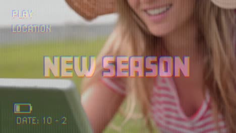 Animation-of-new-season-text-on-video-camera-screen-with-digital-interface-and-woman-shopping-online