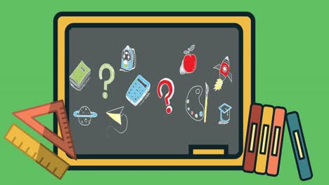 Animation-of-school-items-icons-moving-on-green-background