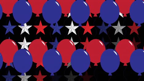 Animation-of-red-and-blue-stars-and-balloons-on-black-background