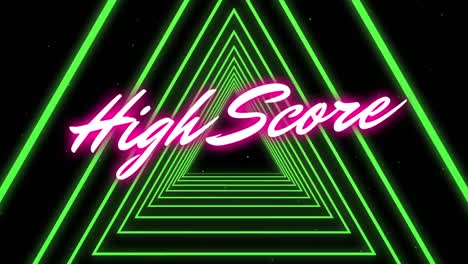 Neon-pink-high-score-text-against-neon-green-triangles-in-seamless-motion-on-black-background