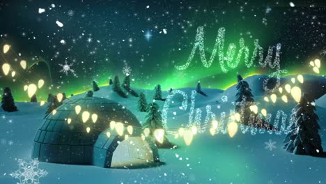Glowing-fairy-lights-decoration-against-merry-christmas-text-and-shooting-star-over-winter-landscape