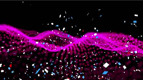 Digitale-Animation-Von-Buntem-Konfetti,-Das-über-Eine-Rosa-Digitale-Welle-Auf-Schwarzem-Hintergrund-Fällt