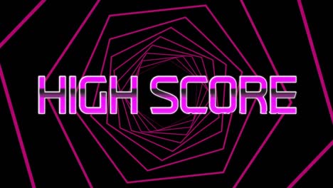 Purple-high-score-text-against-pink-hexagons-spinning-in-seamless-motion-on-black-background