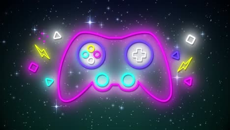 Animation-of-neon-gamepad-over-snow-and-stars-on-black-background