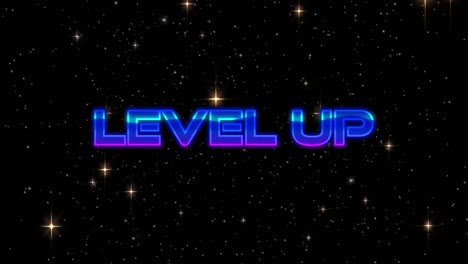 Digital-animation-of-level-up-text-over-shining-stars-against-black-background