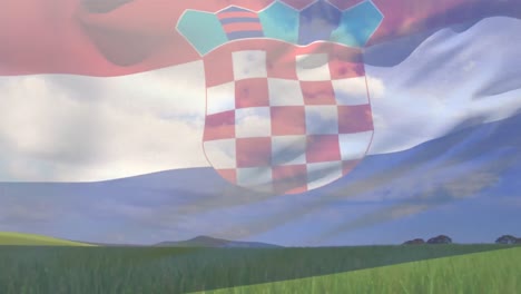 Digitale-Komposition-Einer-Wehenden-Kroatischen-Flagge-Vor-Dem-Blick-Auf-Die-Landwirtschaftliche-Feldlandschaft