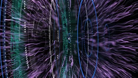 Digital-animation-of-multiple-round-scanners-over-purple-light-trail-exploding-on-black-background