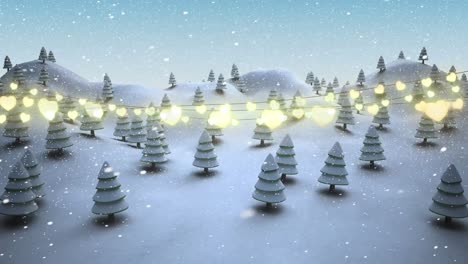 Glowing-heart-shaped-fairy-lights-decoration-against-now-falling-over-winter-landscape