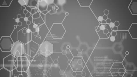 Animation-of-chemical-formulas-over-data-processing-on-grey-background