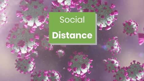 Social-distance-text-on-green-banner-over-multiple-covid-19-cells-floating-against-pink-background