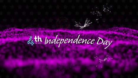 Independence-day-text-banner-over-fireworks-bursting-and-purple-digital-wave-on-black-background