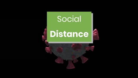 Social-distance-text-on-green-banner-over-covid-19-cell-spinning-against-black-background