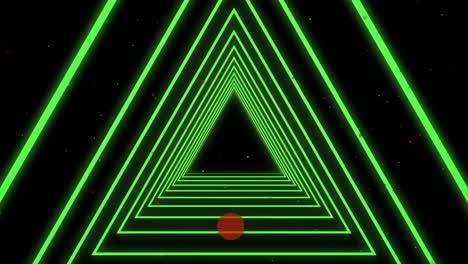 Grüne-Dreiecksformen-In-Nahtloser-Bewegung-Vor-Rosa-Punkten,-Die-Auf-Violettem-Hintergrund-Schweben