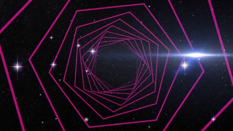 Digitale-Animation-Sechseckiger-Formen,-Die-Sich-In-Nahtloser-Bewegung-Vor-Leuchtenden-Sternen-Im-Weltraum-Drehen