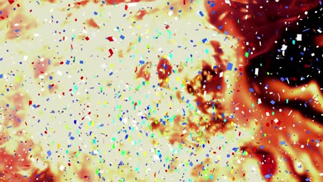 Digital-animation-of-colorful-confetti-falling-over-fire-flame-against-black-background