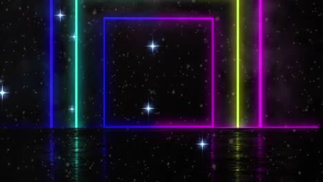 Digitale-Animation-Bunter-Neonquadratischer-Formen-Vor-Leuchtenden-Sternen-Auf-Schwarzem-Hintergrund