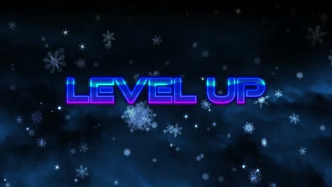 Digital-animation-of-level-up-text-against-snowflakes-falling-on-black-background