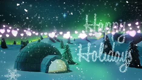 Heart-shaped-fairy-lights-decoration-over-happy-holiday-text-and-shooting-star-on-winter-landscape