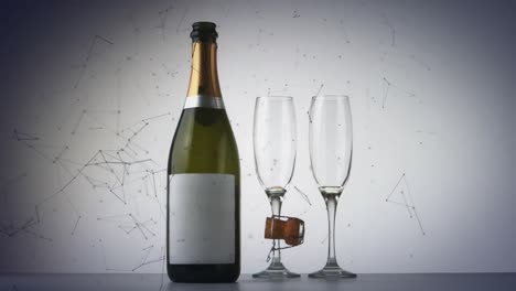 Network-of-connections-over-champagne-bottle-and-two-champagne-glasses-against-grey-background